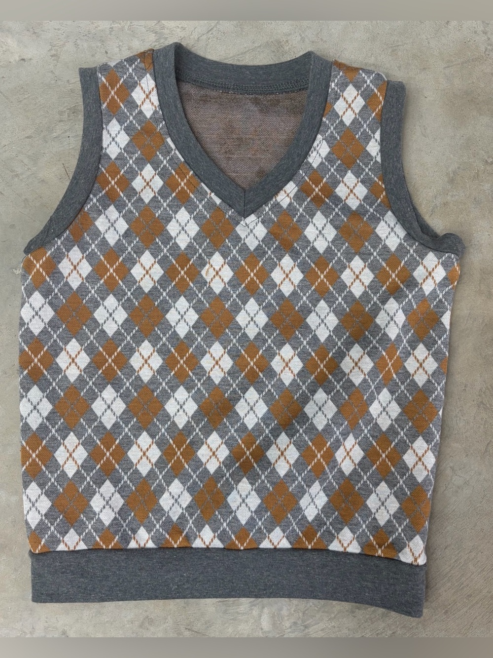 Argyle V-Neck Sweater Vest - Gray, Brown & White - Size 6